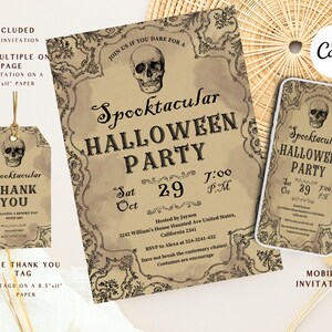 Gothic Halloween Invitation, Vintage Halloween Party Invitation, Editable Digital Costume Party Invite, Skull Spooktacular, Print or Text