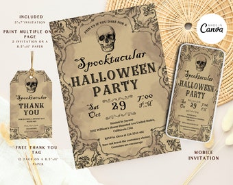 May include: A printable Halloween party invitation with a spooky skull design. The invitation is in a vintage style with a brown background and black text. It includes the text "Spooktacular Halloween Party" and details about the party, including the date, time, and location. The invitation also includes a free thank you tag with a skull design.