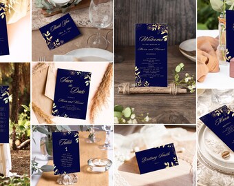 Navy Gold Wedding Invitation Set, Instant Download, Printable Invitation Bundle, Wedding Invite Template, Print at Home, Modern and Gold