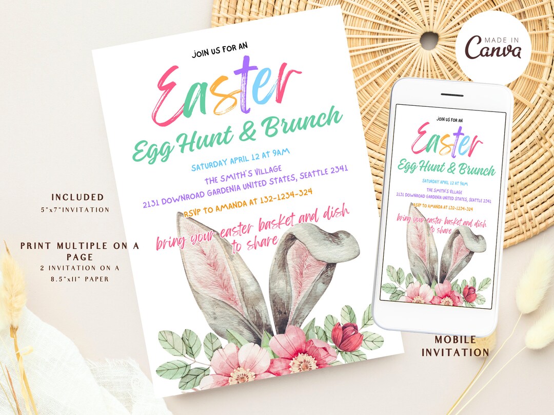 Spring Easter Invitation Easter Egg Hunt Brunch Invitation, Bunny Easter Party Invite, Rabbit ...