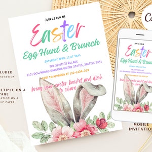 Easter Egg Hunt Brunch Invitation, Bunny Easter Party Invite, Rabbit Ear Floral Spring Easter Invitation, Editable Printable Download