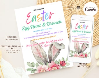 Easter Egg Hunt Brunch Invitation, Bunny Easter Party Invite, Rabbit Ear Floral Spring Easter Invitation, Editable Printable Download