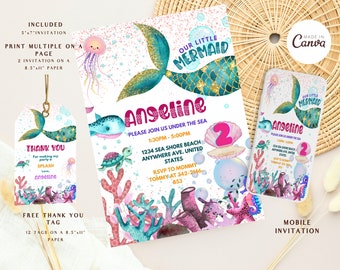 Girls Under the Sea Mermaid Birthday Party Invitation, Printed Invite, Under the Sea Ocean Animals, Mermaid under the Sea