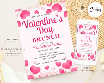 May include: A pink and white Valentine's Day brunch invitation with a heart pattern. The invitation includes the text "Valentine's Day Brunch" and the date "February 14th".