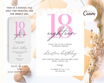 Editable 18th Birthday White Pink Invitation 18th Minimalist Simple Any Age Instant Download Editable Template Canva Invitation