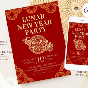 Modèle d'Invitation du nouvel an chinois, nouvel an dragon 2024, nouvel an lunaire 2024, fête chinoise, téléchargement imprimable, CANVA