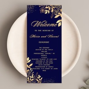 Modèle de programme de mariage, programme de cérémonie de mariage, cartes de programme marine et or, modèle d'itinéraire de programme de mariage