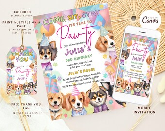 Let's Pawty Birthday Invitation Puppy Invitation Dog Birthday Invitation for Girls and Boys Digital Download Invite Editable Invitation