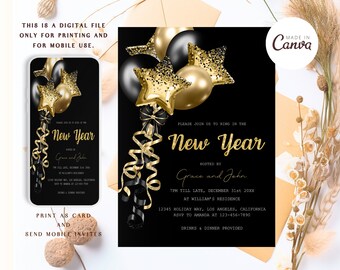 2024 New Years Eve Party Eve Gold New Years Digital Invite, Electronic Invitation, New Years Eve Gold Balloons Invitation