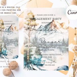 Printable Winter Mountain Engagement Party Invitation Template, Winter Mountain, Watercolor Editable Winter Forest Engagement party Invite