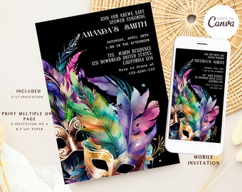 Puede incluir: Una máscara de carnaval negra y dorada con plumas de colores sobre un fondo negro. El texto "Join our Krewe Baby Shower Honoring Amanda's Smith" está en la parte superior de la invitación. La invitación también incluye la fecha, la hora y la ubicación del evento.