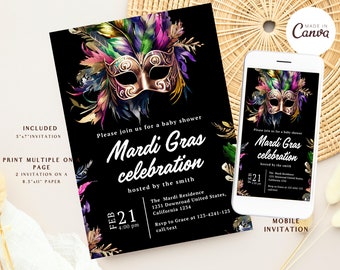 May include: A black and gold Mardi Gras baby shower invitation with a colorful masquerade mask and feathers. The invitation includes the date, time, and location of the event. It also includes a mobile invitation option.