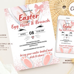 Easter Egg Hunt Invitation, Cute Bunny Easter Party Invitation, Editable Template Instant Download