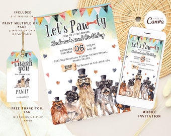 Dog Mustache Birthday Invitations Pawty Invite Boy Dog Pet Downloable Printable Template Canva