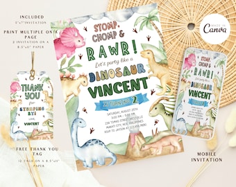 Born Two Be Wild Dinosaur Birthday Invitation, Editable Dino 2nd Birthday Party Invite, Cute Dinosaurs Birthday Invitation