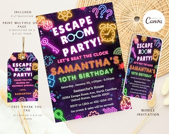 Escape Room Birthday Party, Kids Mystery Escape Game Invitation, Invitation Editable Template for girls & boys, neon rainbow colors