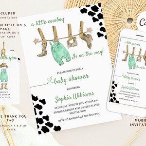 May include: A printable baby shower invitation with a black and white cow print background. The invitation features a watercolor illustration of a baby's overalls, boots, and hat hanging on a clothesline. The text reads "a little cowboy is on the way!" and includes details for the baby shower, including the date, time, location, and RSVP information.
