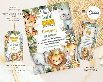 Editable Safar Birthday Invitation, Boy Wild One Invitation, Jungle Animals Invitation, 1st Birthday Invitation, 5x7