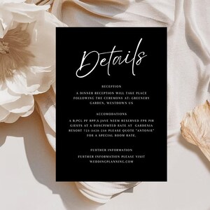 Detalhes do casamento em preto e branco, casamento moderno, detalhes do casamento, casamento simples, cartão de acomodação, casamento clássico, download instantâneo