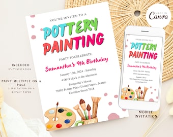 May include: A printable invitation for a pottery painting party to celebrate Samantha's 9th birthday. The invitation features colorful text, a paint palette, and paintbrushes in a jar. It includes the date, time, location, and contact information.