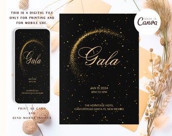 Editable Gala Invitation Template, Black Tie Event Invitation, Formal Event Invite, Black and Gold Invitation