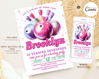 Bowling verjaardagsuitnodiging, laten we wat leuke kinderen aanspreken, bewerkbare meisjes partij uitnodiging sjabloon, roze bowling partij, Instant Download