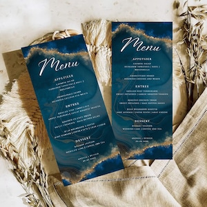 Modello per menu di nozze azzurro polveroso, modello per scheda menu di nozze polveroso, menu blu polveroso, tema di nozze blu navy polveroso