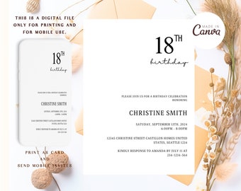 Minimalist 18th Birthday Party Invitation Editable Template, Modern Minimalist Eighteenth Birthday Invite