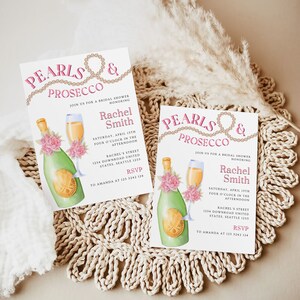 Plantilla de invitación de despedida de soltera de perlas y Prosecco, invitación de despedida de soltera de perlas minimalista imprimible, ducha de boda de perlas y Prosecco