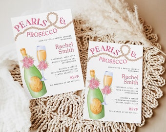 May include: Two bridal shower invitations with a pearl and prosecco theme. The invitations are pink and gold with a watercolor illustration of a bottle of prosecco and a glass of prosecco. The text on the invitations reads "Pearls & Prosecco" and "Join us for a bridal shower honoring Rachel Smith".