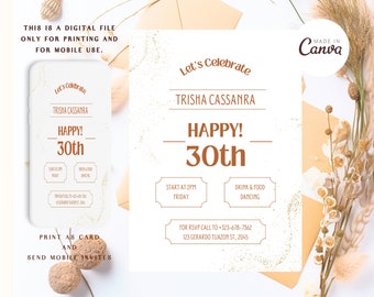 Minimalist 30th Birthday Invitation, Editable Adult Birthday Minimalist Invitation, Thirtieth Birthday Invitation Printable Template