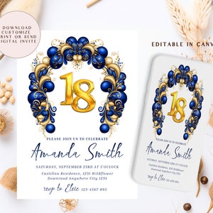 18th birthday blue gold invitation template, navy blue and gold birthday, adult birthday party invites, editable balloons birthday invites