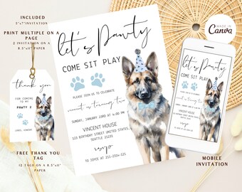 Shepherd Dog Birthday Invitation Puppy Invitation Lets Pawty Birthday Invitation for Boys Digital Download Eidtable Invitation
