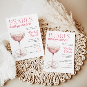Plantilla de invitación de despedida de soltera de perlas y Prosecco, invitación de despedida de soltera de perlas minimalista imprimible, ducha de boda de perlas y Prosecco