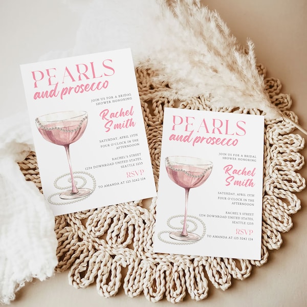 Pearls and Prosecco Bridal Shower Invitation Template, Printable Minimalist Pearl Bridal Shower Invite, Pearls & Prosecco Wedding Shower