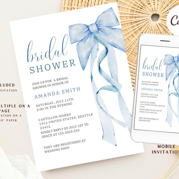 She's tying the Knot Bridal Shower Invitation Template, Bows, Wedding, Bridal, Blue Bow, Wedding Shower, Happy Couple