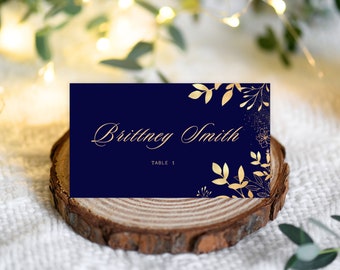 Navy Gold Place cards template, Wedding place cards, Name cards template, navy gold place card