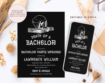 Death of A Bachelor, Til Death o Us Party, Noir Bachelor Party, RIP Single Life Itinerary, Funny Bachelor Party Invitation Template