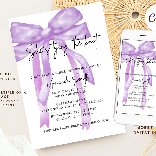 She's Tying the Knot Bridal Shower Invitation, Modern Lavander Bow Bridal Shower Invite, Bridal Brunch Editable Template, Wedding Shower
