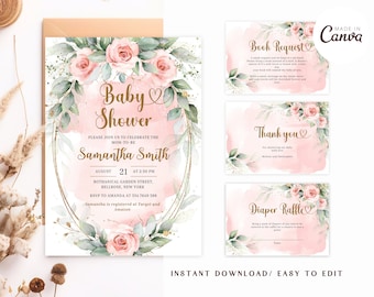 EDITABLE Blush Pink Floral Baby Shower Invitation, It’s a Girl Baby Shower Printable, Baby Shower Template, Blush Pink Instant Download