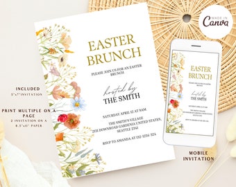Floral Easter Brunch Invitation, Easter Invitation Easter Egg Hunt Invitation, Easter Brunch Invite, Editable Template, Instant Download