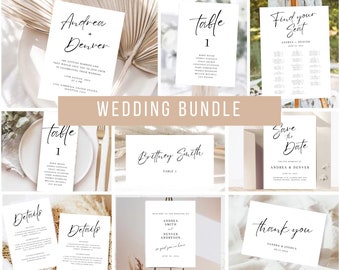 May include: A wedding invitation bundle with a minimalist design featuring black calligraphy text on white cards. The bundle includes a save the date card, a wedding invitation, a seating chart, a table number card, a details card, and a thank you card.