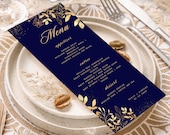 Editable Wedding Menu Template, Navy and Gold Wedding Menu Card, Gold and Navy Blue Dinner Party Menu, Bridal Brunch Menu Template