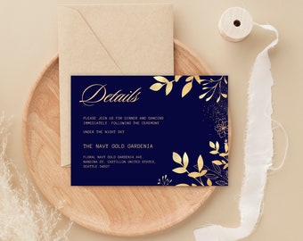 Hochzeit Details Kartenvorlage, Marine Blau Gold Details Karte, Hochzeit Anpassungen Kartenvorlage, Moderne Hochzeit, Sofortiger Download