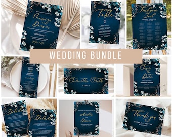 Wedding Invitation Mega bundle, Blue Navy Floral Wedding Invites suite, Printable and Editable Invitation set Download