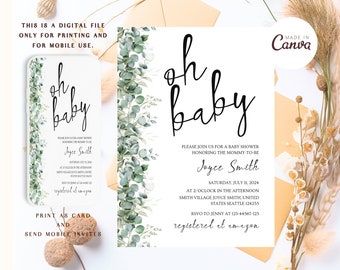 Editable Eucalyptus Greenery Its a Boy Baby Shower Invitation,  Gender neutral Eucalyptus Shower Invite Template digital download canva