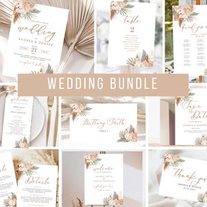 Boho Pampas Wedding Bundle Set, Printable Arch Wedding Invitation Template, Terracotta, Rust, Editable Invitation, Floral