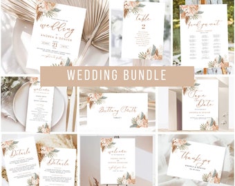 Boho Pampas Wedding Bundle Set, Printable Arch Wedding Invitation Template, Terracotta, Rust, Editable Invitation, Floral