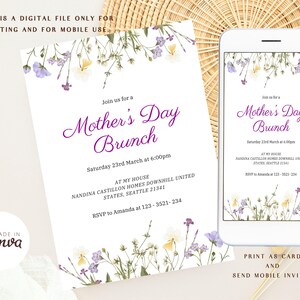 May include: A printable Mother's Day brunch invitation with a floral design. The invitation includes the text "Join us for a Mother's Day Brunch" and the date and time of the event. The invitation also includes the address and RSVP information. The invitation is designed to be printed as a card or sent as a mobile invite.