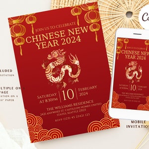 Chinese New Year Party Invitation template, Year of the Dragon Invite, New Years Digital Invite, Lunar New Year Evite
